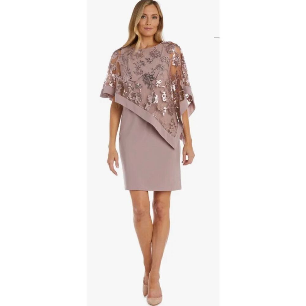 R & M Richards Women's Sequined Floral-Lace Poncho Dress